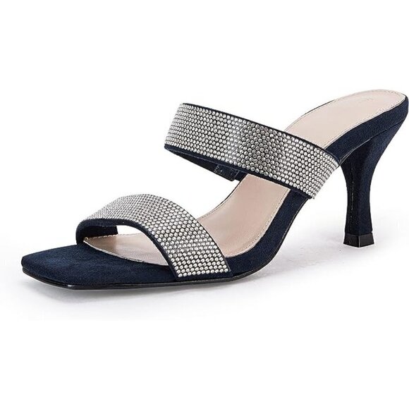 Coutgo Shoes - Coutgo Womens Square Open Toe Kitten Heel Mules Sandals Rhinestone Two Strap Dre
